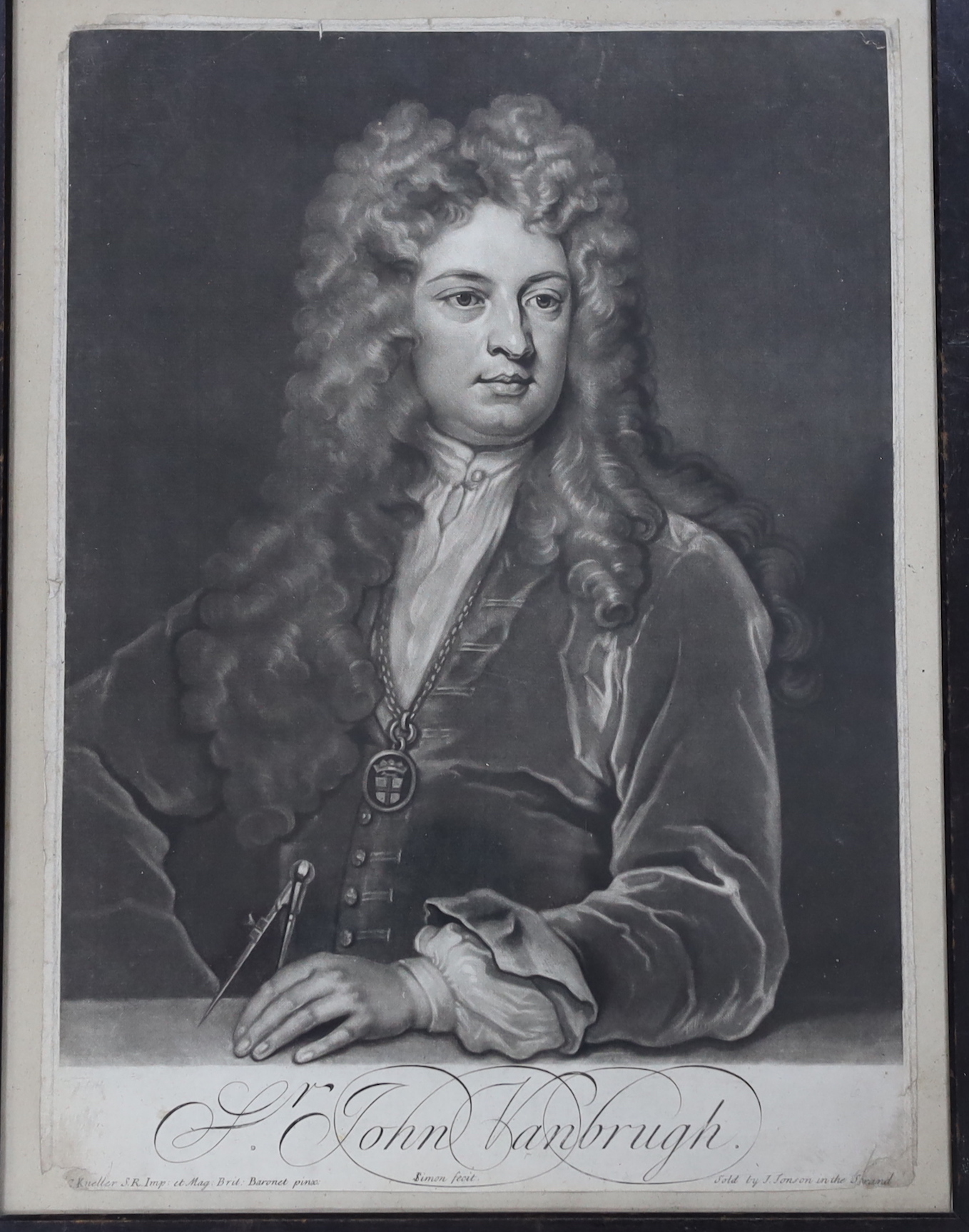 After Sir Godfrey Kneller (1646-1723), two mezzotints, Sir John Vanbrugh and Her Grace Duchess of Monmouth, sold by I Smith, largest 43 x 27cm